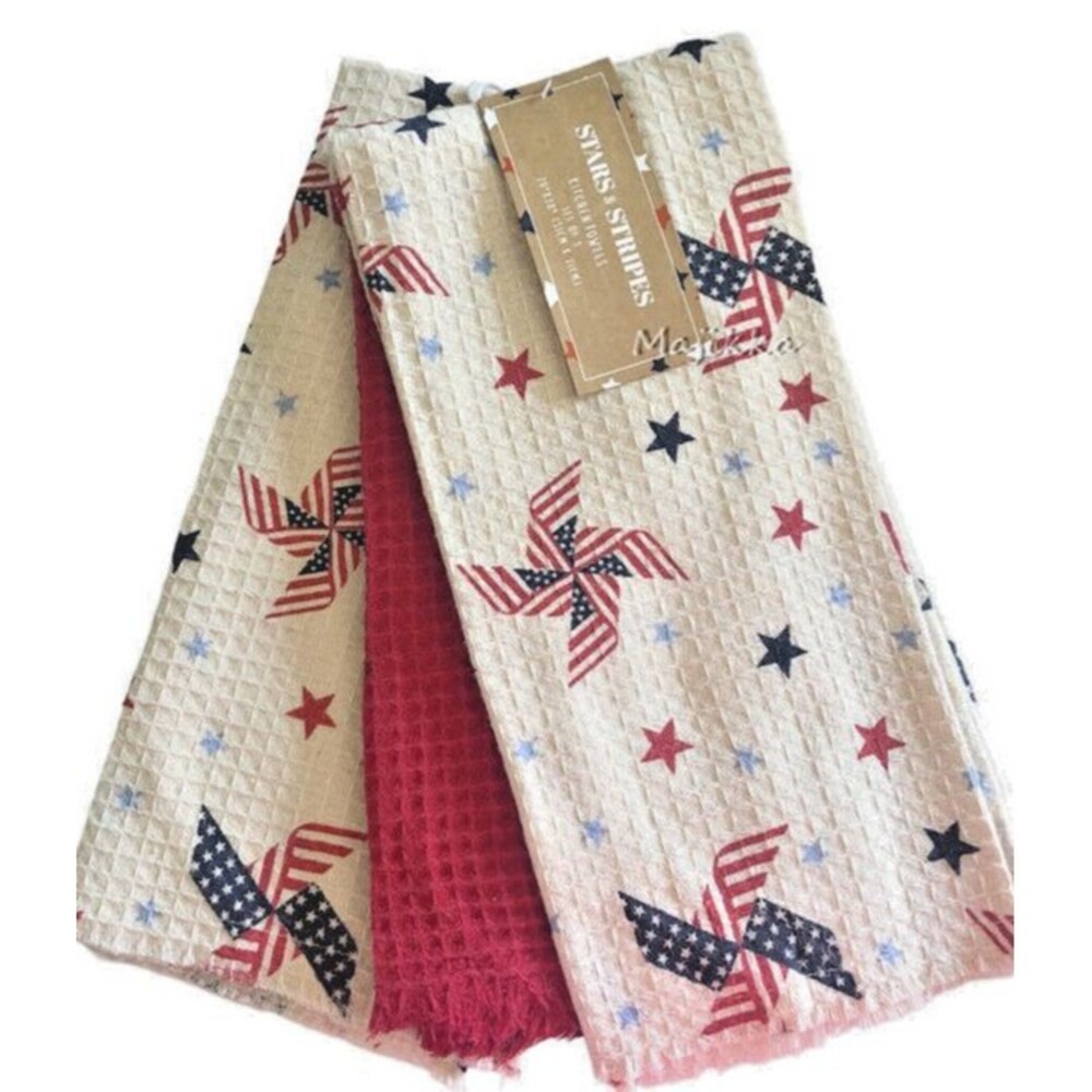 Stars Stripes Dish Kitchen Towels July 4th Red White Blue Vintage Look Set of 3